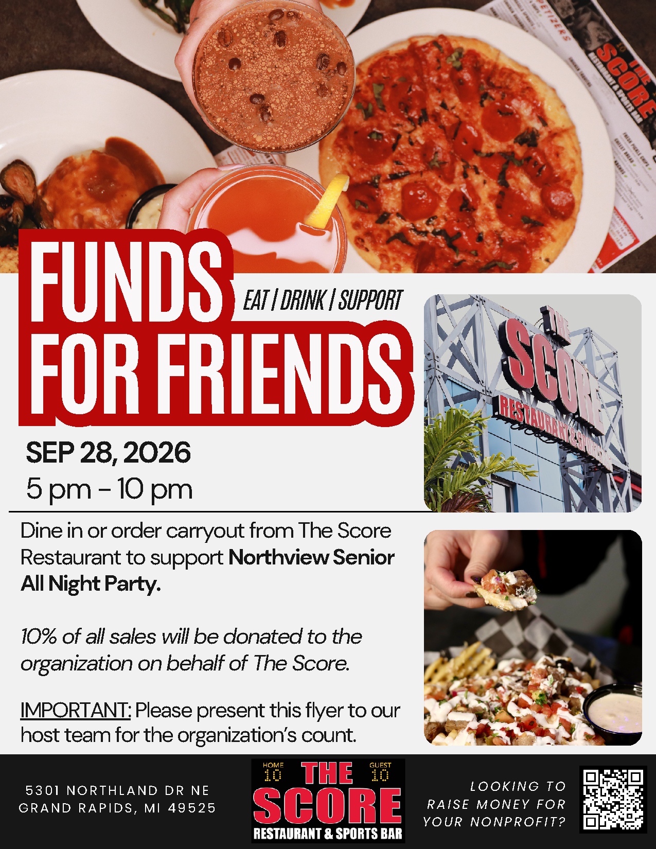 Funds for Friends flyer: dine at The Score on September 28, 5 to 10 PM, 10% of sales supports Northview Senior All Night Party